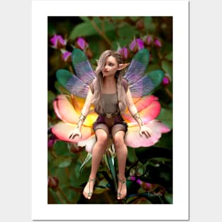 Fairy sitting on white and red rose Posters and Art